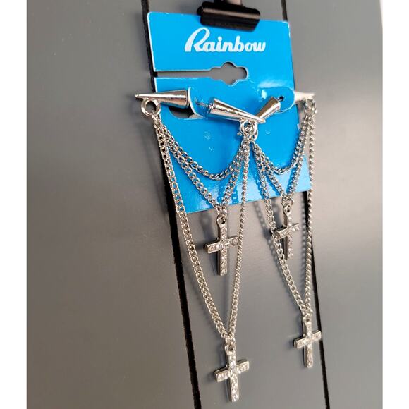 Silver Tone Multi Cross Layered Chain Pierced Earrings 3.5" Rhinestone Edgy Punk - Picture 2 of 6